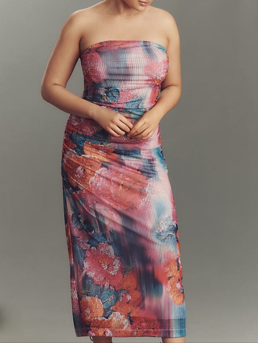New Anthroplogie The Soleil Slim Strapless Ruched Mesh Midi Floral Dress, Sz. XL